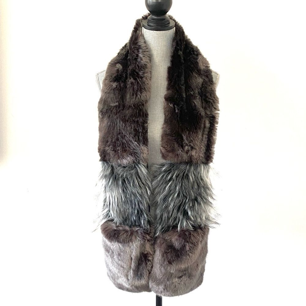 Donna Salyers Fabulous Furs Line Faux Fur Color Brown & Grey Scarf Mitten Chic